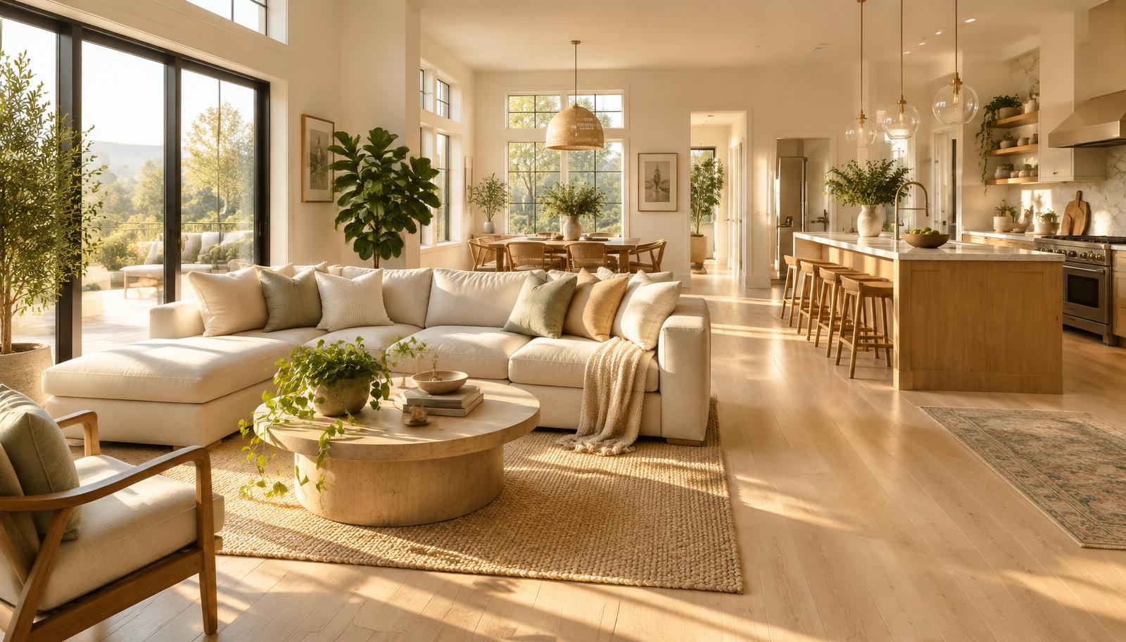 A bright, sunlit open living room and kitchen with wide walkways, natural wood floors, and plants.